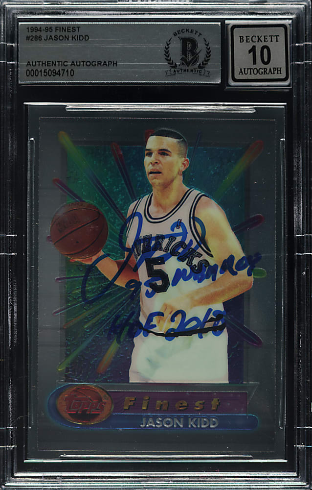 Signed 1994-1995 Topps Finest Basketball #286 Jason Kidd Rookie Beckett GEM MINT 10 Signature
