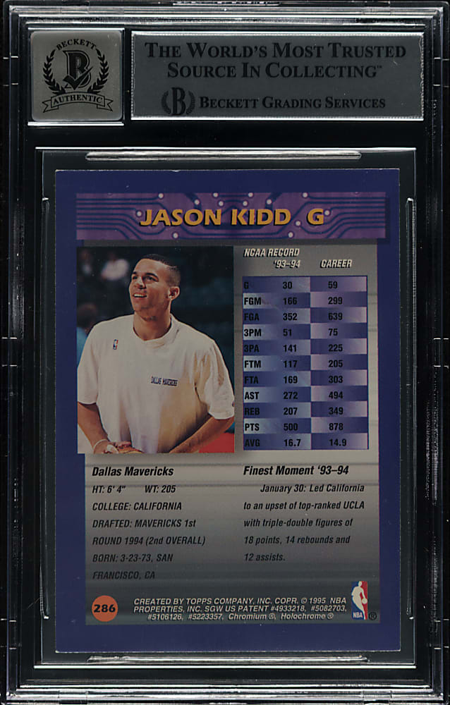 Signed 1994-1995 Topps Finest Basketball #286 Jason Kidd Rookie Beckett GEM MINT 10 Signature