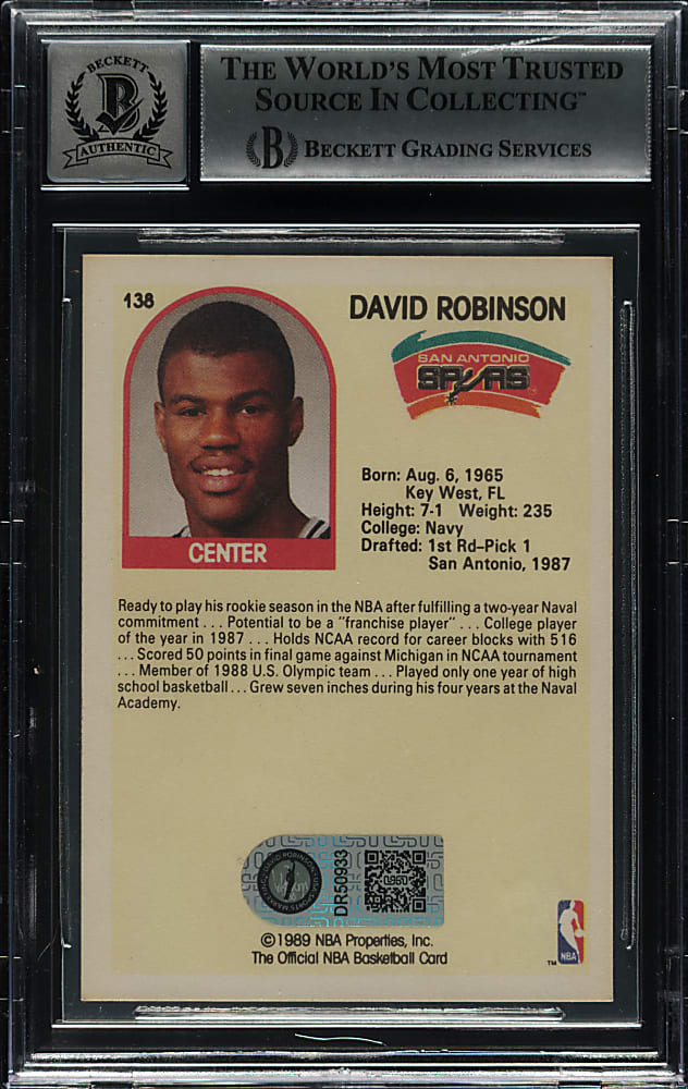 Signed 1989-1990 Hoops Basketball #138 David Robinson Rookie Beckett GEM MINT 10 Signature