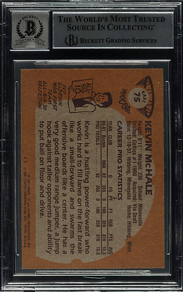 Signed 1981-1982 Topps Basketball #E75 Kevin McHale Rookie Beckett GEM MINT 10 Signature