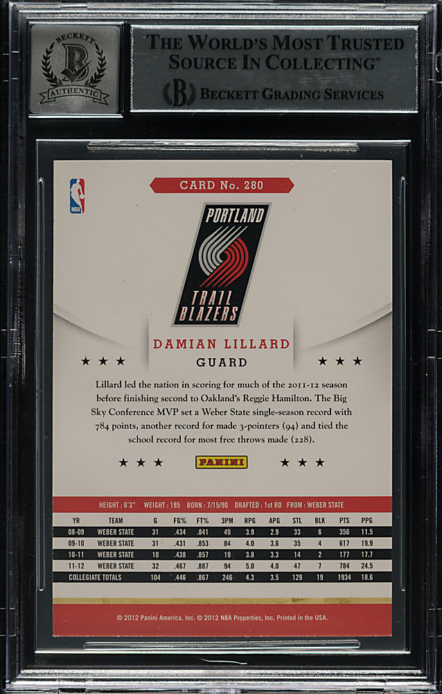 Signed 2012-2013 Panini Hoops Basketball #280 Damian Lillard Rookie Beckett GEM MINT 10 Signature