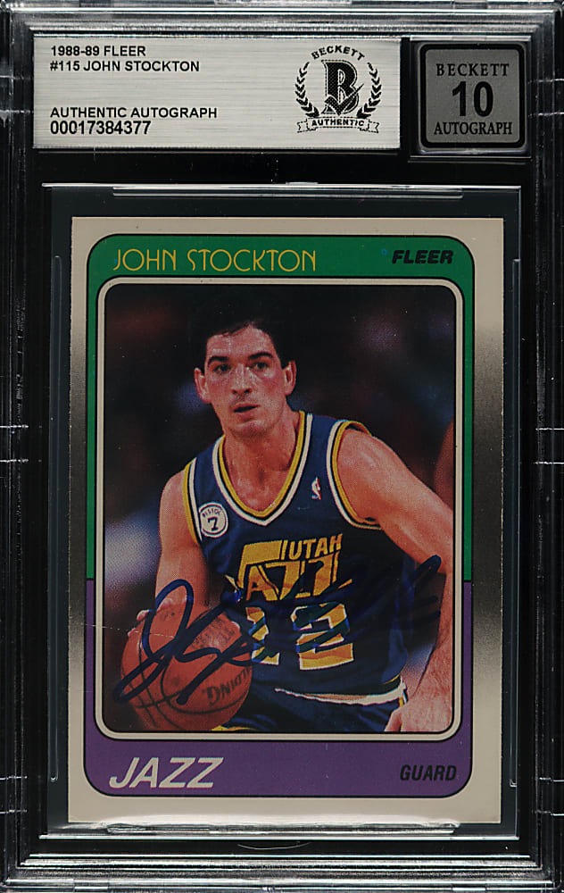 Signed 1988-1989 Fleer Basketball #115 John Stockton Rookie Beckett GEM MINT 10 Signature