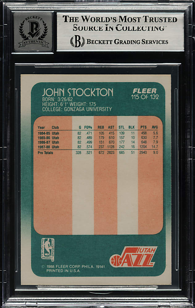 Signed 1988-1989 Fleer Basketball #115 John Stockton Rookie Beckett GEM MINT 10 Signature