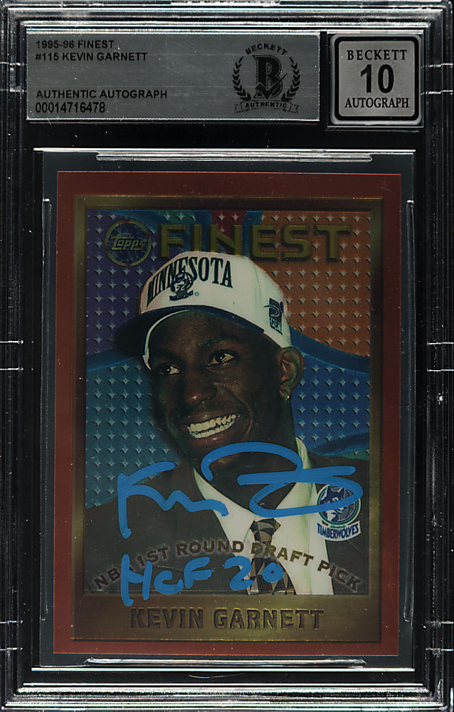 Signed 1995-1996 Topps Finest Basketball #115 Kevin Garnett Rookie Beckett GEM MINT 10 Signature