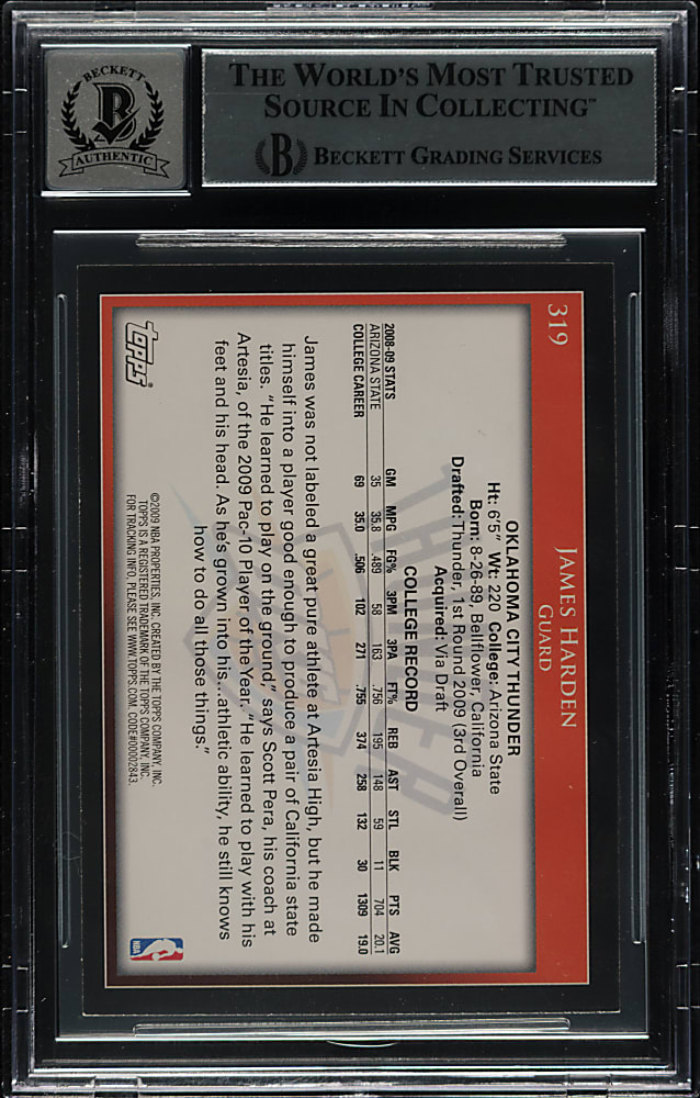Signed 2009-2010 Topps Basketball #319 James Harden Rookie Beckett GEM MINT 10 Signature