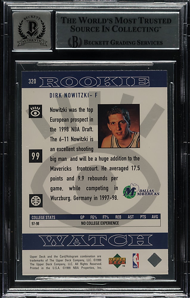 Signed 1998-1999 Upper Deck Basketball #320 Dirk Nowitzki Rookie Beckett GEM MINT 10 Signature