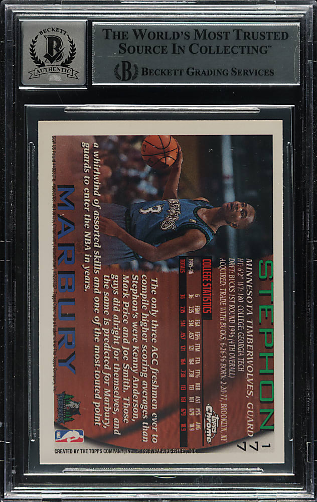 Signed 1996-1997 Topps Chrome Basketball #177 Stephon Marbury Rookie Beckett GEM MINT 10 Signature