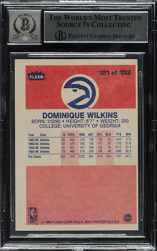Signed 1986-1987 Fleer Basketball #121 Dominique Wilkins Rookie Beckett GEM MINT 10 Signature