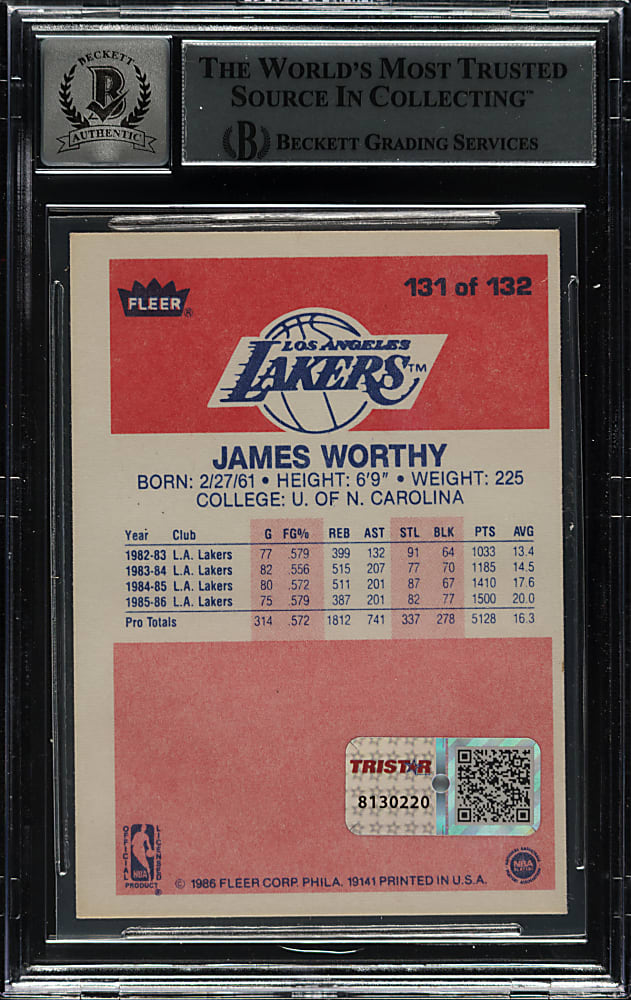 Signed 1986-1987 Fleer Basketball #131 James Worthy Rookie Beckett GEM MINT 10 Signature