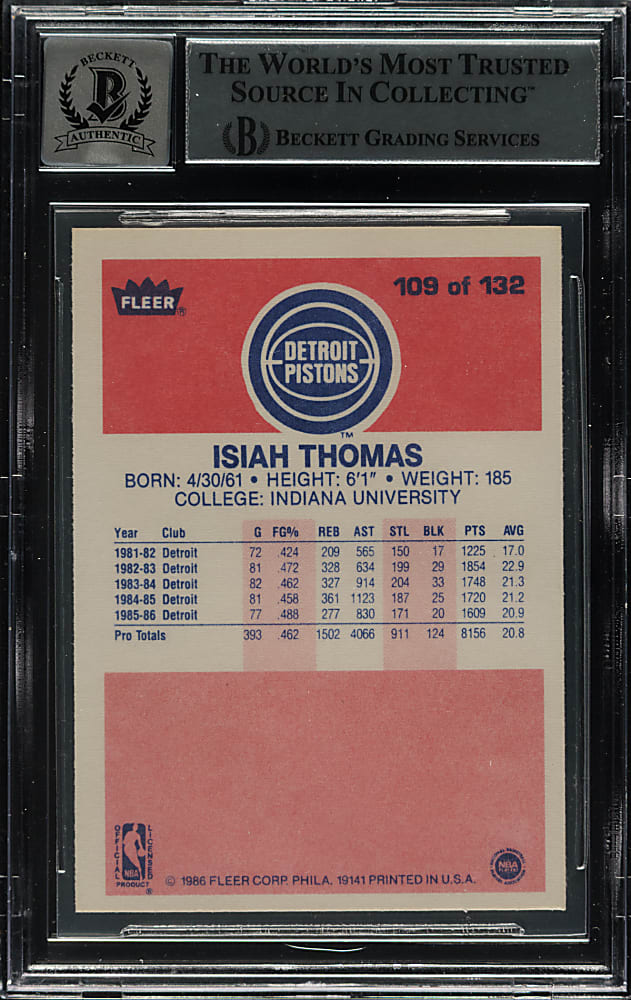 Signed 1986-1987 Fleer Basketball #109 Isiah Thomas Rookie Beckett GEM MINT 10 Signature