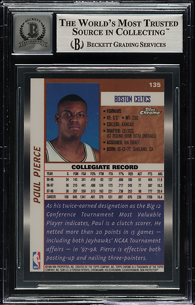 1998-1999 Topps Chrome Basketball #135 Paul Pierce Rookie Beckett GEM MINT 10 Signature