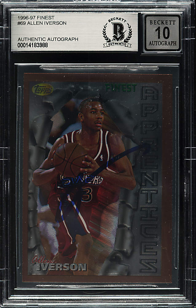 Signed 1996-1997 Topps Finest Basketball #69 Allen Iverson Rookie Beckett GEM MINT 10 Signature