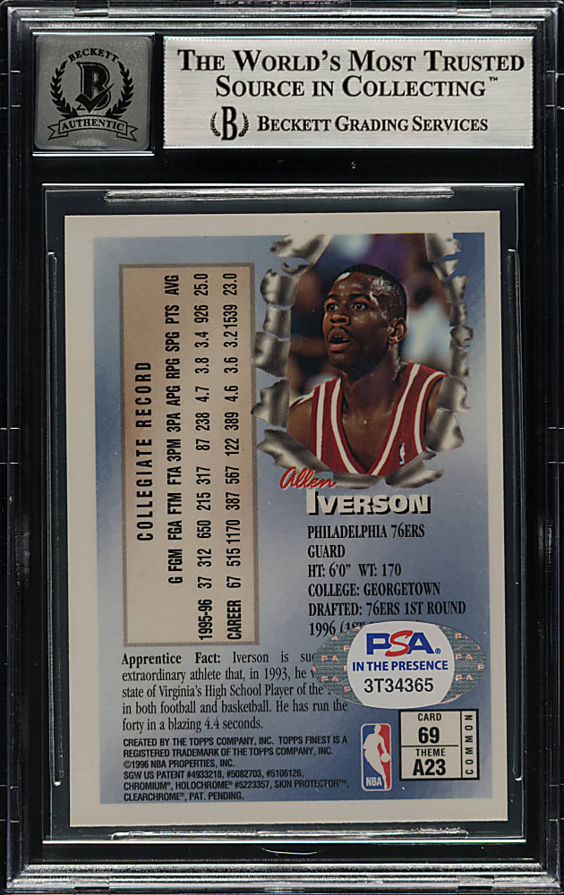 Signed 1996-1997 Topps Finest Basketball #69 Allen Iverson Rookie Beckett GEM MINT 10 Signature