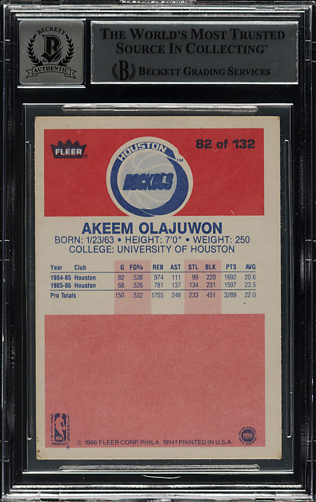 Signed 1986-1987 Fleer Basketball #82 Akeem Olajuwon Rookie Beckett GEM MINT 10 Signature