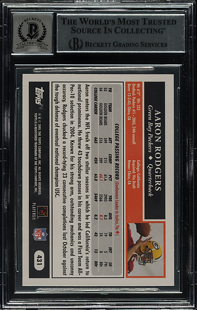 Signed 2005 Topps Football #431 Aaron Rodgers Rookie Beckett GEM MINT 10 Signature