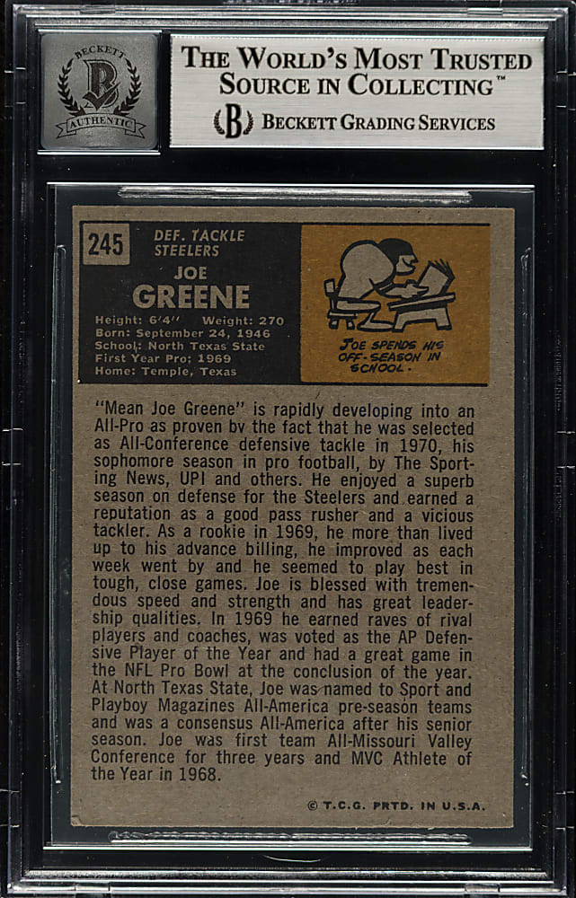 Signed 1971 Topps Football #245 Joe Greene Rookie Beckett GEM MINT 10 Signature
