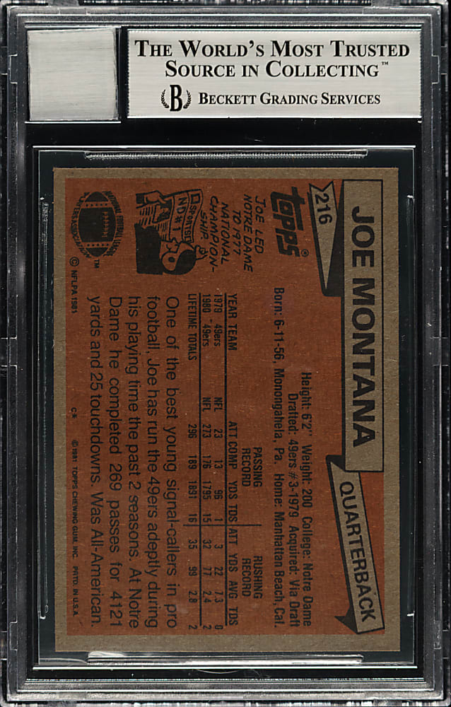 Signed 1981 Topps Football #216 Joe Montana Rookie Beckett GEM MINT 10 Signature