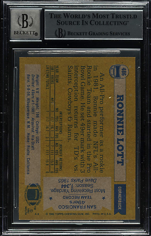 Signed 1982 Topps Football #486 Ronnie Lott Rookie Beckett GEM MINT 10 Signature