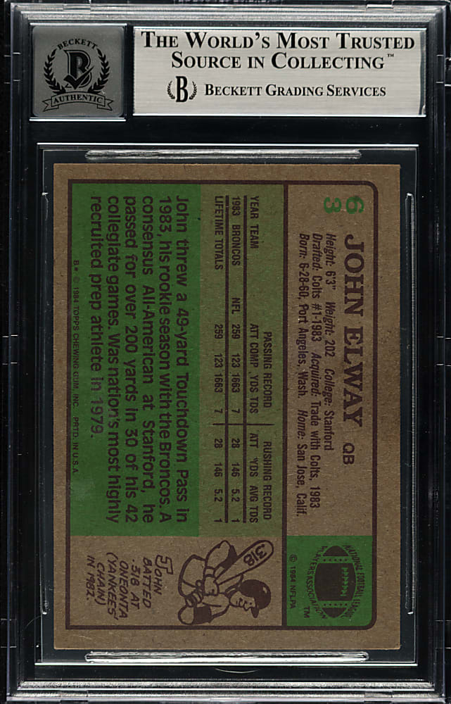 Signed 1984 Topps Football #63 John Elway Rookie Beckett GEM MINT 10 Signature