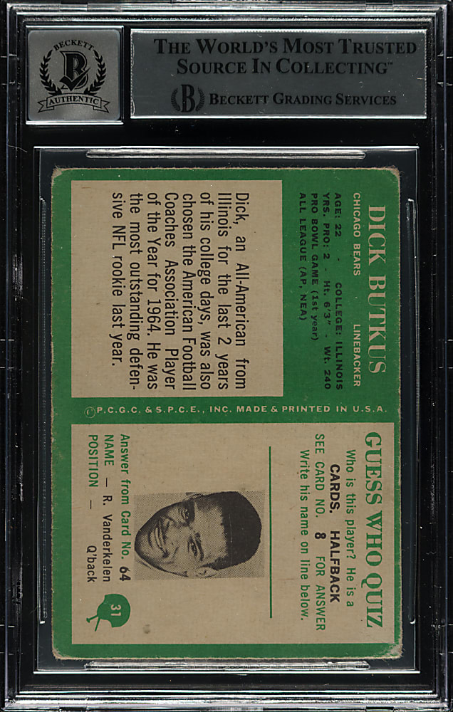 Signed 1966 Philadelphia Football #31 Dick Butkus Rookie Beckett GEM MINT 10 Signature