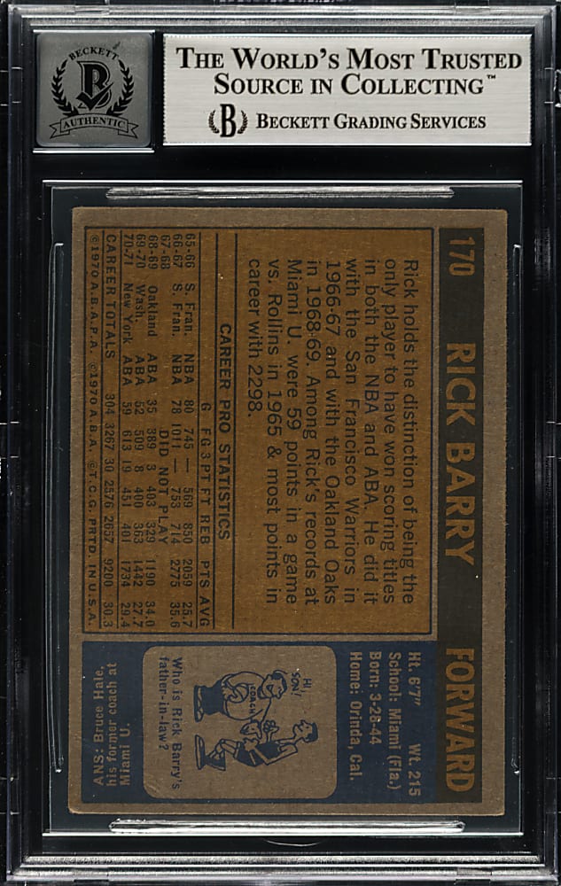 Signed 1971-1972 Topps Basketball #170 Rick Barry Rookie Beckett GEM MINT 10
