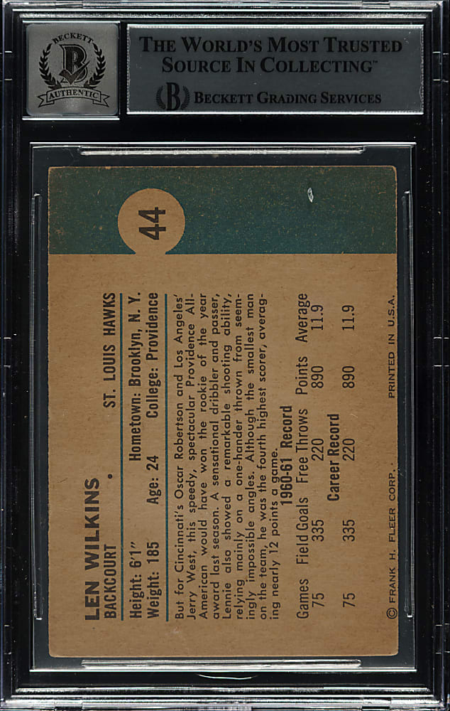 Signed 1961-62 Fleer Basketball #44 Lenny Wilkens Rookie Beckett GEM MINT 10