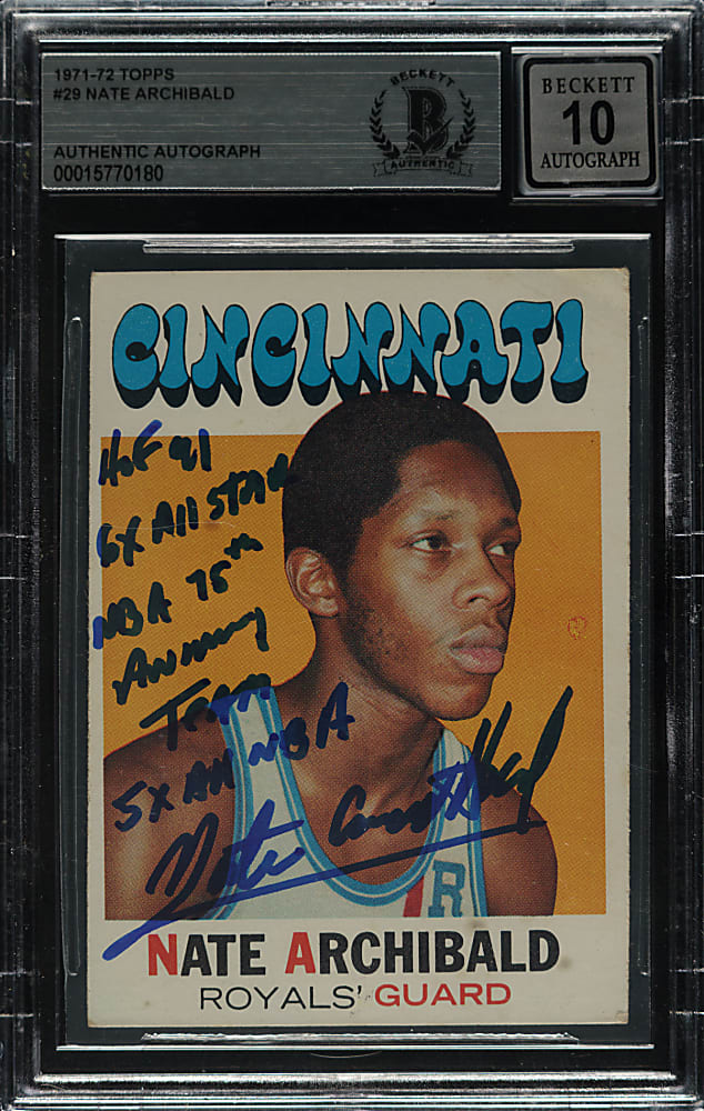 Signed 1971-1972 Topps Basketball #29 Nate Archibald Rookie Beckett GEM MINT 10
