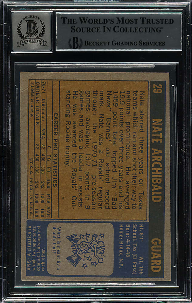 Signed 1971-1972 Topps Basketball #29 Nate Archibald Rookie Beckett GEM MINT 10