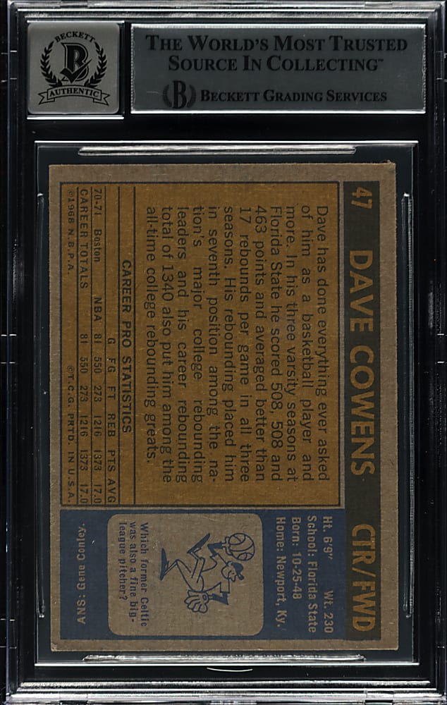 Signed 1971-1972 Topps Basketball #47 Dave Cowens Rookie Beckett GEM MINT 10