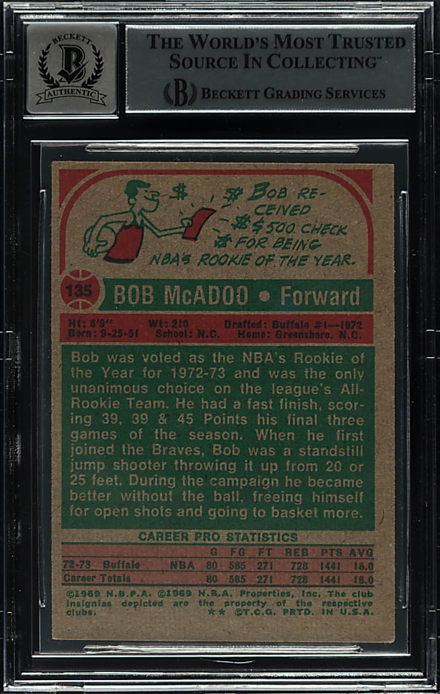 Signed 1973-1974 Topps Basketball #135 Bob McAdoo Rookie Beckett GEM MINT 10