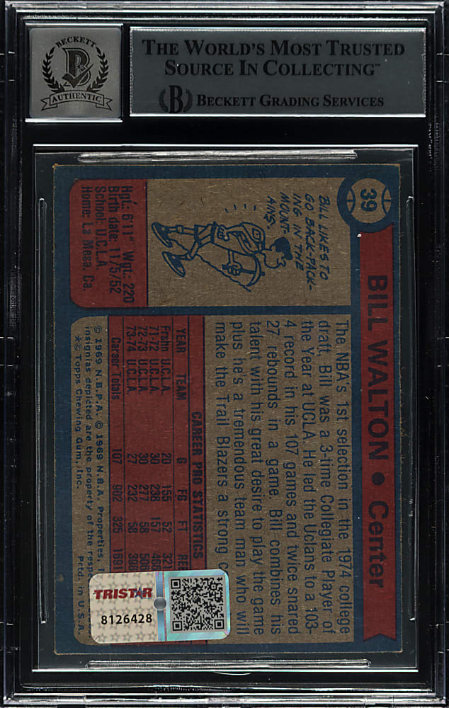 Signed 1974-1975 Topps Basketball #39 Bill Walton Rookie Beckett GEM MINT 10
