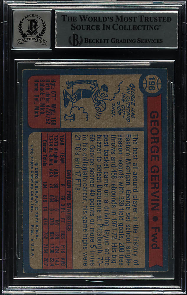 Signed 1974-1975 Topps Basketball #196 George Gervin Rookie Beckett GEM MINT 10