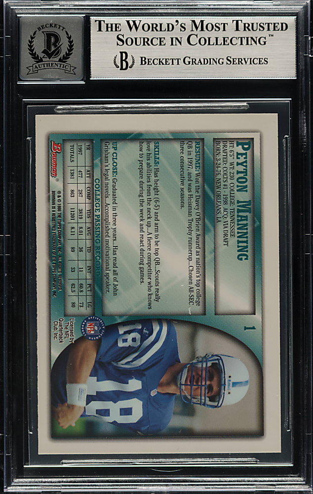 Signed 1998 Bowman Football #1 Peyton Manning Rookie  Beckett GEM MINT 10