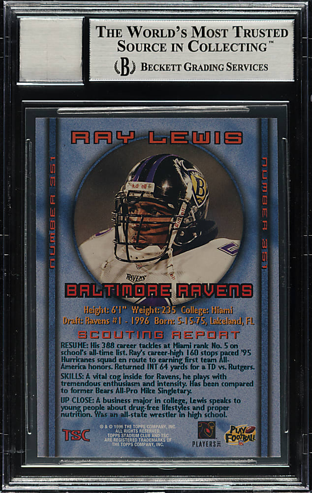 Signed 1996 Topps Stadium Club Football #164 Ray Lewis Rookie Beckett GEM MINT 10