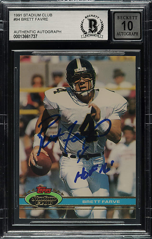 Signed 1991 Topps Stadium Club Football #94 Brett Farve Rookie Beckett GEM MINT 10
