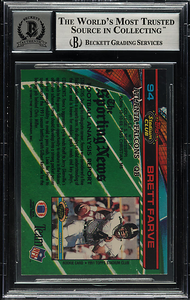 Signed 1991 Topps Stadium Club Football #94 Brett Farve Rookie Beckett GEM MINT 10