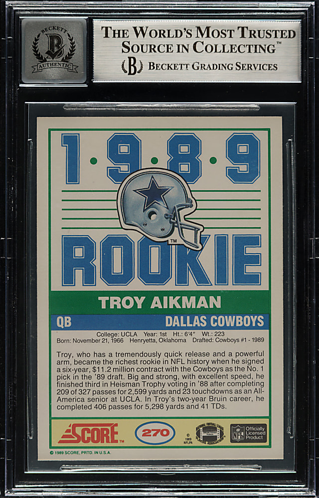 Signed 1989 Score Football #270 Troy Aikman Rookie Beckett GEM MINT 10