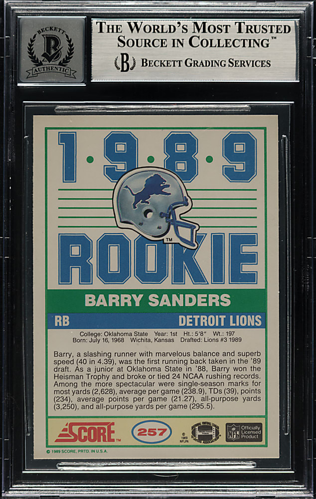 Signed 1989 Score Football #257 Barry Sanders Rookie Beckett GEM MINT 10