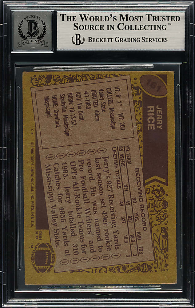 Signed 1986 Topps Football #161 Jerry Rice Rookie Beckett GEM MINT 10
