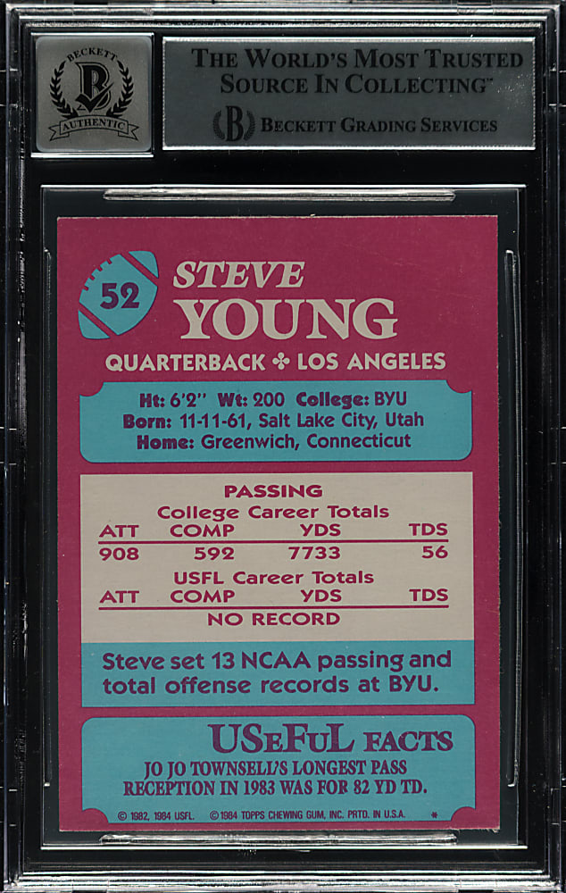 Signed 1984 Topps USFL Football #52 Steve Young Rookie Beckett GEM MINT 10
