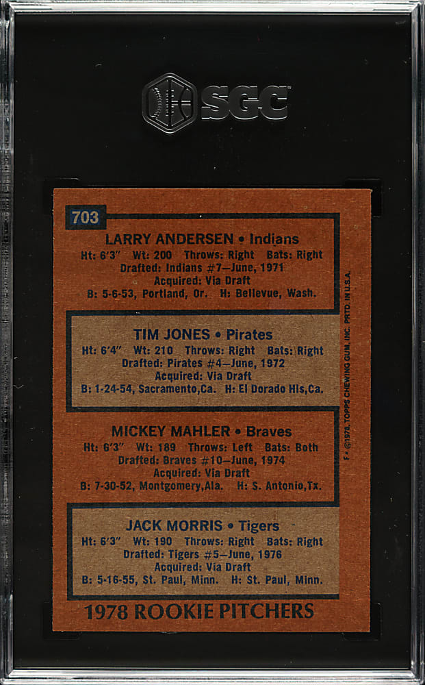 1978 Topps #703 Jack Morris Rookie SGC MINT 9