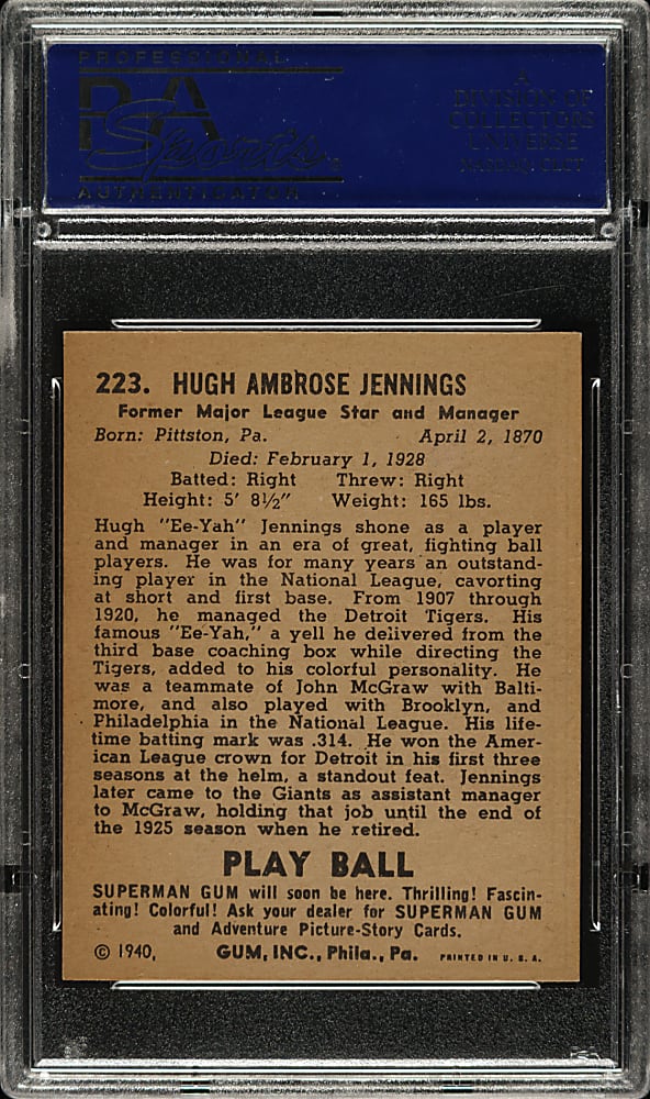 1940 R335 Play Ball #223 Hugh Jennings PSA EX-MT 6