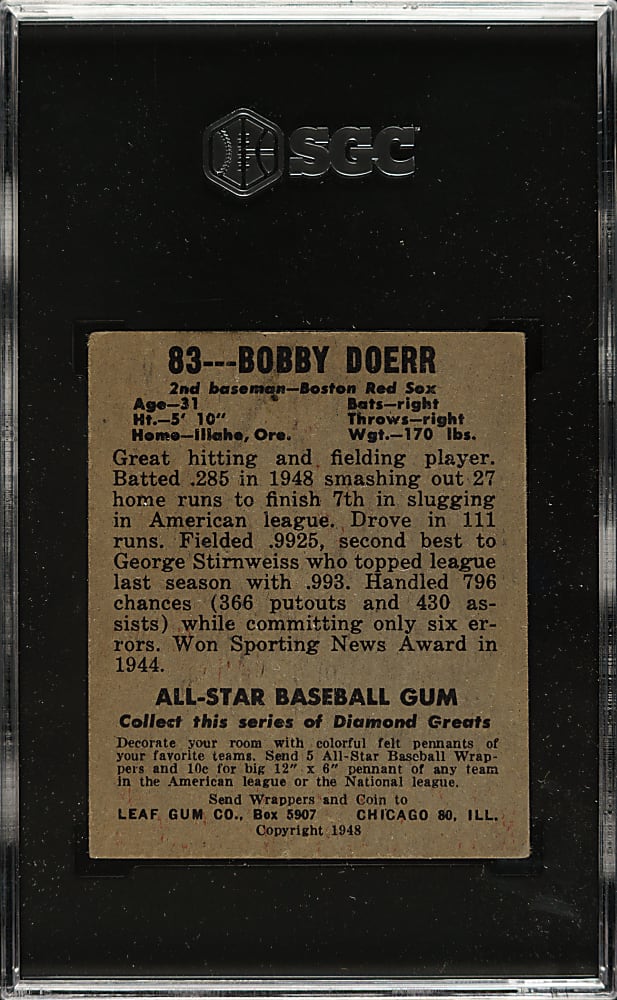 1948-1949 Leaf #83 Bobby Doerr SGC VG+ 3.5