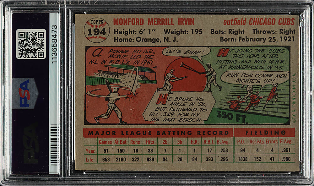 1956 Topps #194 Monte Irvin PSA EX 5