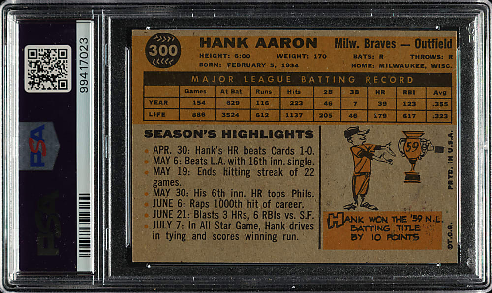 1960 Topps #300 Hank Aaron PSA EX 5