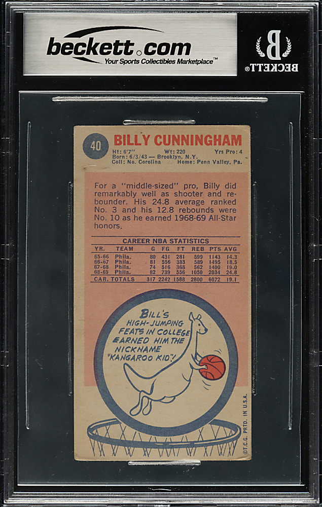 Signed 1969-1970 Topps Basketball #40 Billy Cunningham Rookie Beckett GEM MINT 10