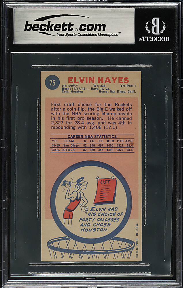 Signed 1969-1970 Topps Basketball #75 Elvin Hayes Rookie Beckett GEM MINT 10