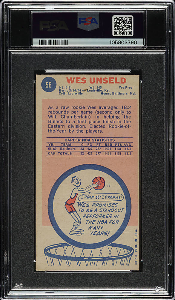 1969-1970 Topps Basketball #56 Wes Unseld Rookie PSA GOOD 2 (MC) with GEM MINT 10 Signature