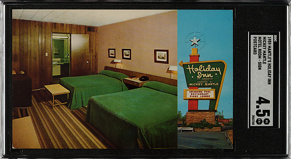 1959 Mickey Mantle's Holiday Inn Postcard Motel Room and Sign SGC VG/EX+ 4.5