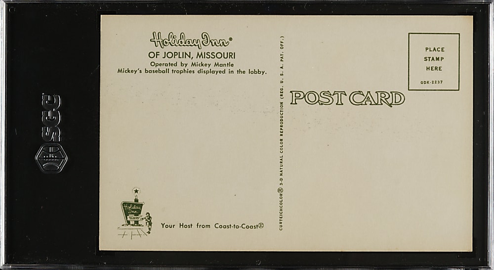 1959 Mickey Mantle's Holiday Inn Postcard Motel Room and Sign SGC VG/EX+ 4.5